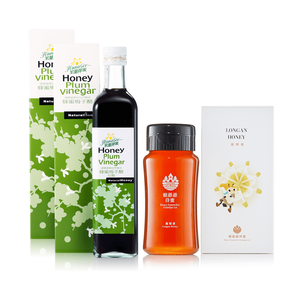  蜂蜜醋飲 | 家庭聚會組 | 蜂蜜梅子醋 500ml X2+賴爺爺侍蜜 龍眼蜜380g X1